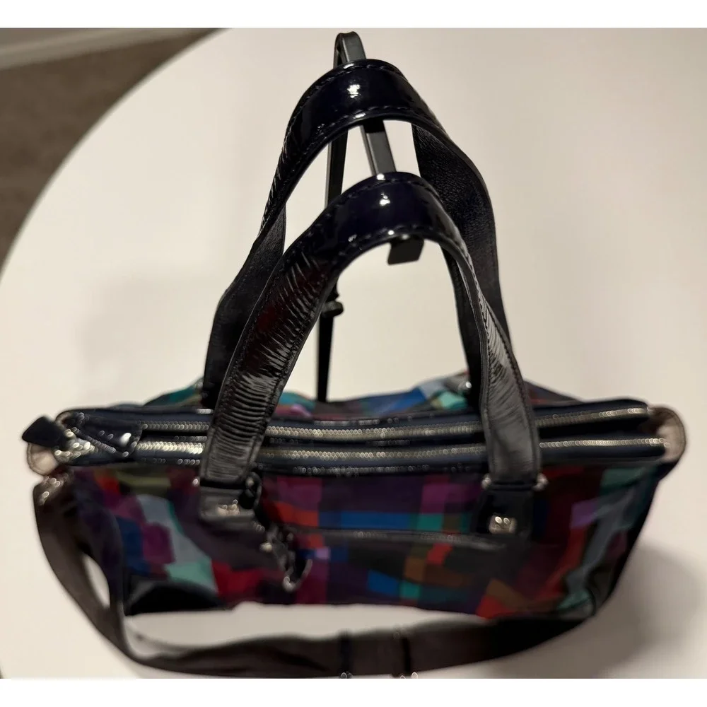 Brighton Multicolor Geometric Nylon Satchel Patent Trim Crossbody Bag